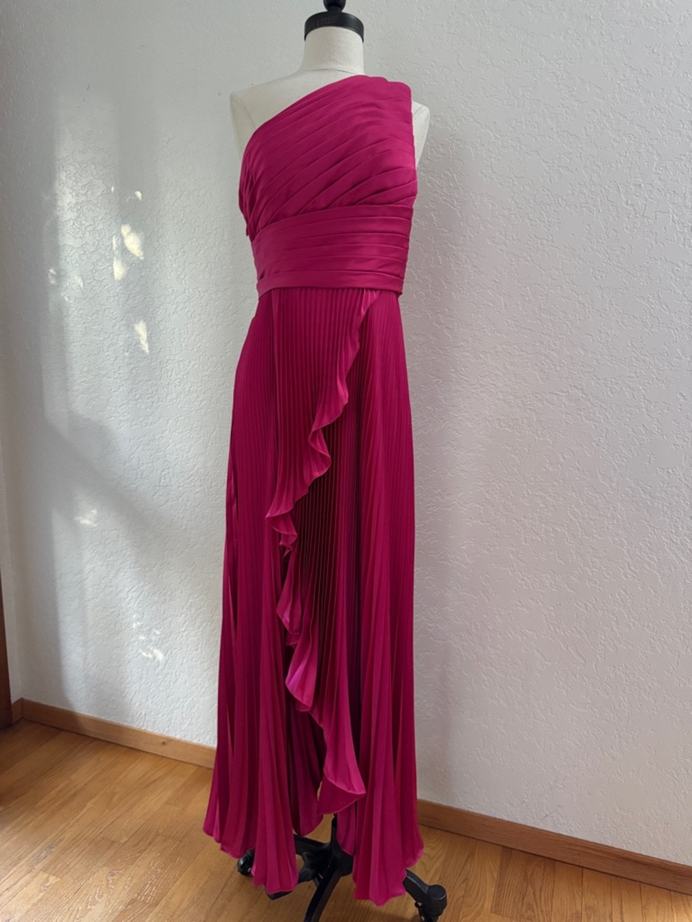 Christian Siriano One-Shoulder Ruffled Pleated Maxi Dress in Fuchsia - Picture 3 of 13